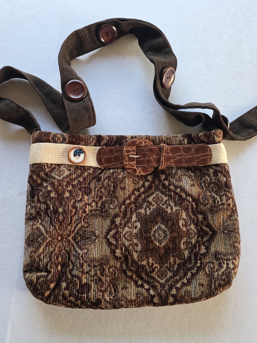 Boho Funky Brown Patterned Tote Bag with Buckle & Buttons Detailing